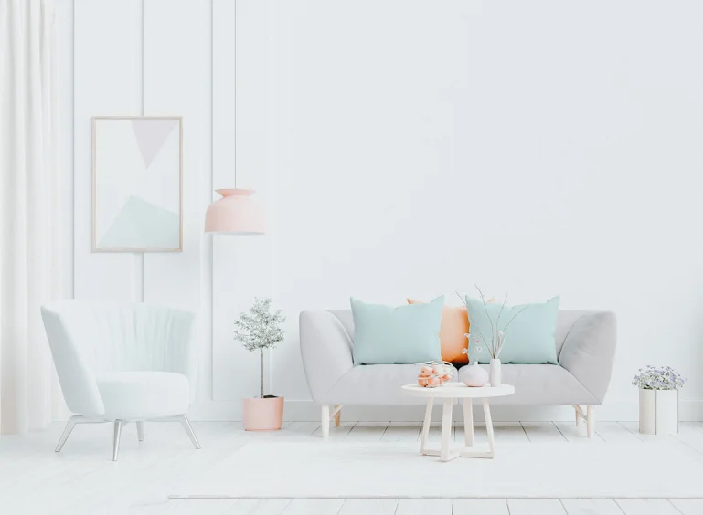 Bright and cozy modern living room interior have sofa and lamp with white wall background. 3d rendering